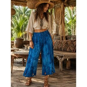 CottonWays Women Sz 3 XL Tie Dye Gauze Cotton Capri Wide Leg Boho Pants